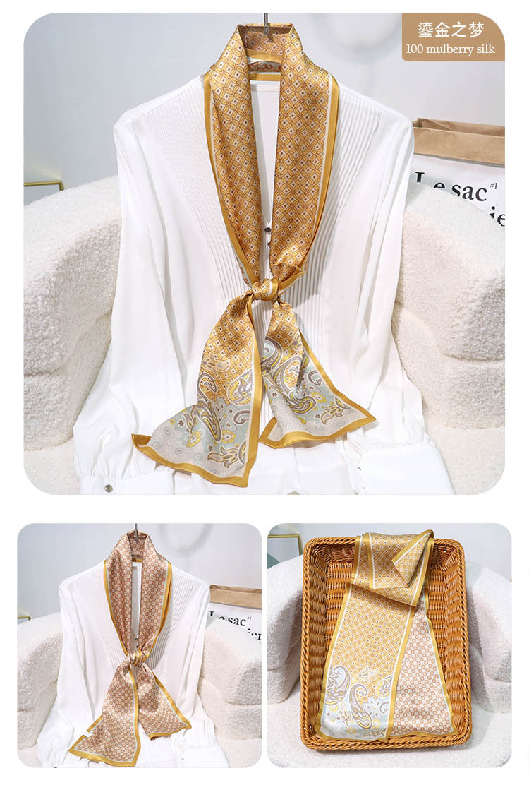 Printed Mulberry Silk Slim Scarf – 16 x 150 cm Long Neck Scarf with Trailing Ribbon for Spring