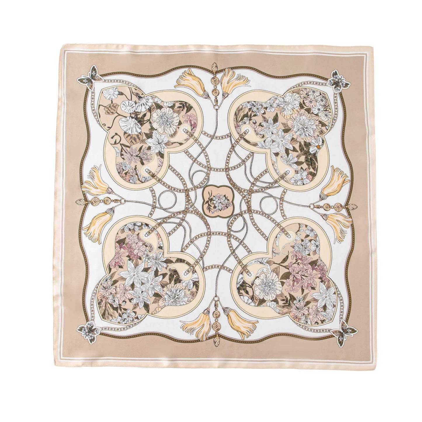 Mulberry Silk Square Scarf with Peony Print – 26 x 26 in, Hand-Rolled Hem