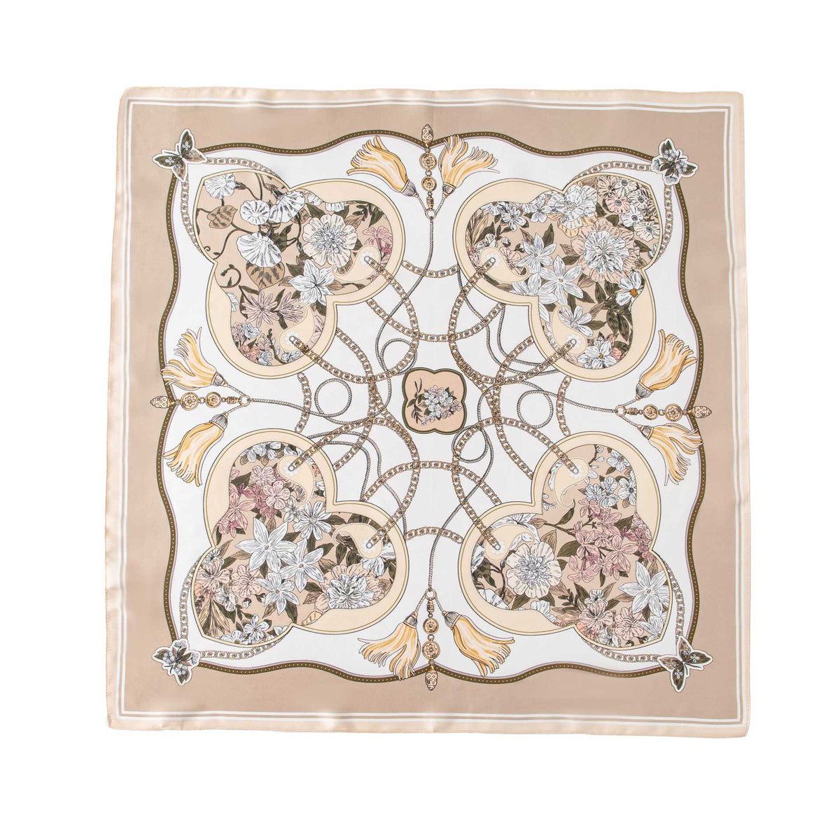 Champagne Chain Floral mulberry silk square scarf, 26 x 26 in