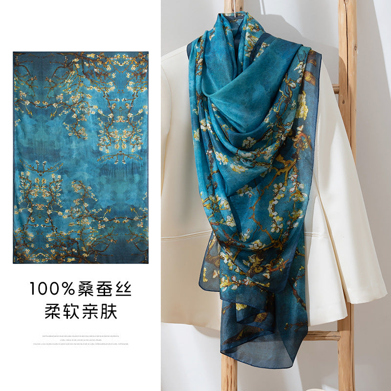 Mulberry Silk Long Scarf with Bohemian Floral Print – Lightweight Spring Shawl for Women