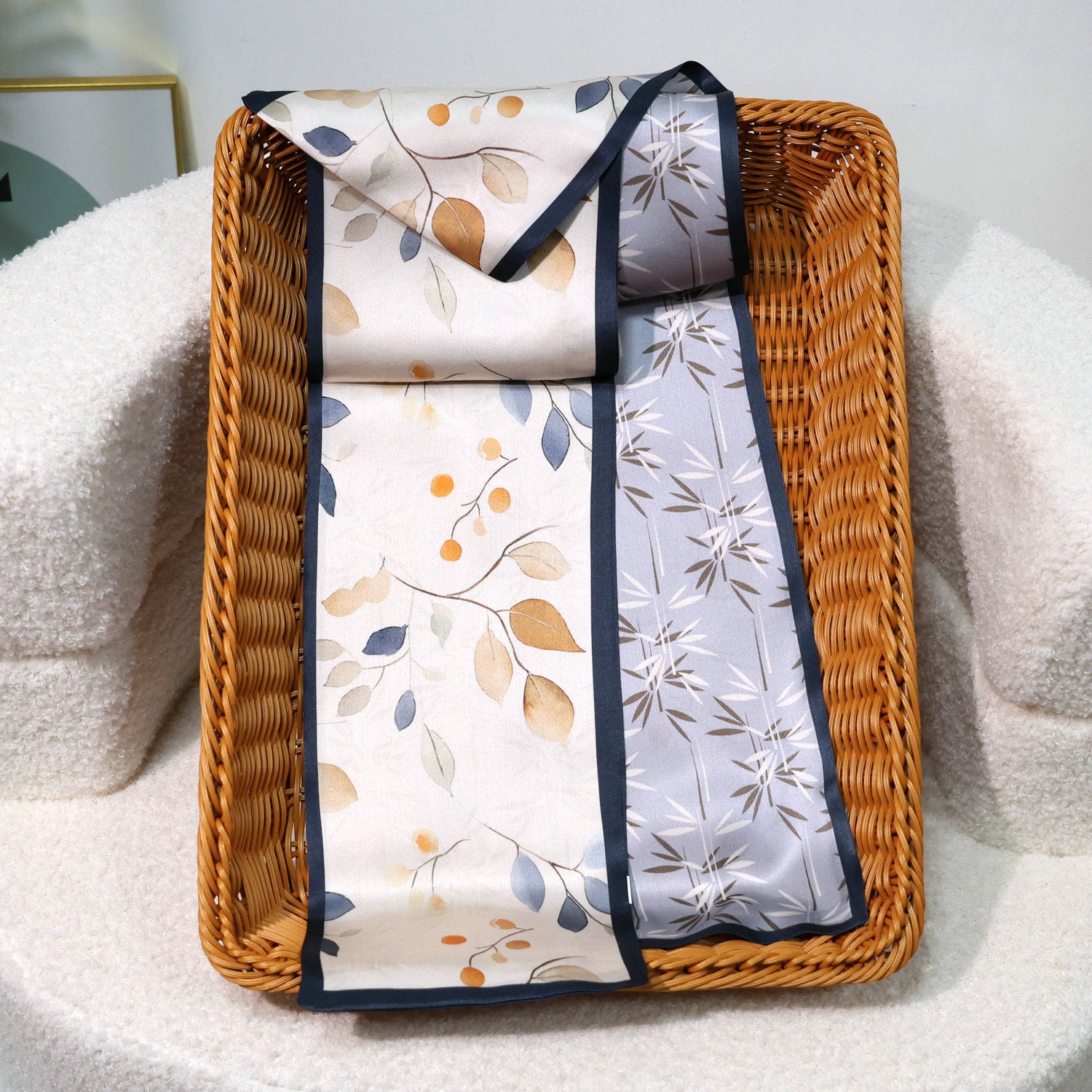Printed Mulberry Silk Slim Scarf – 16 x 150 cm Long Neck Scarf with Trailing Ribbon for Spring