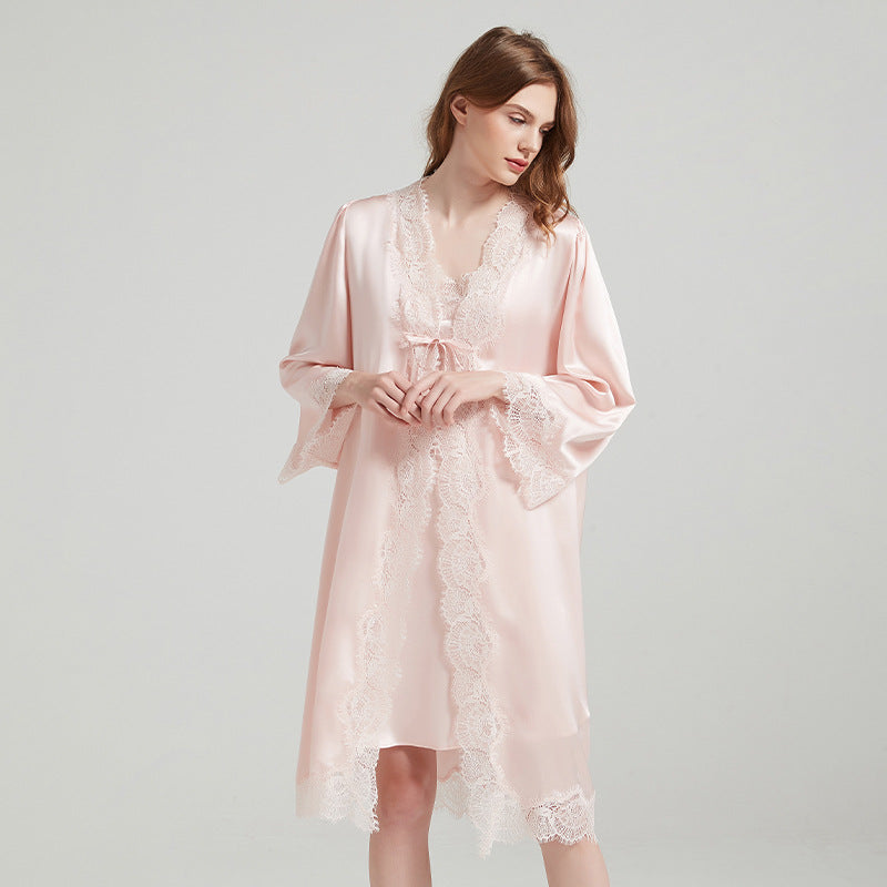 Lace Tie 100% Mulberry Silk Robe & Camisole Set – Romantic V-Neck Loungewear