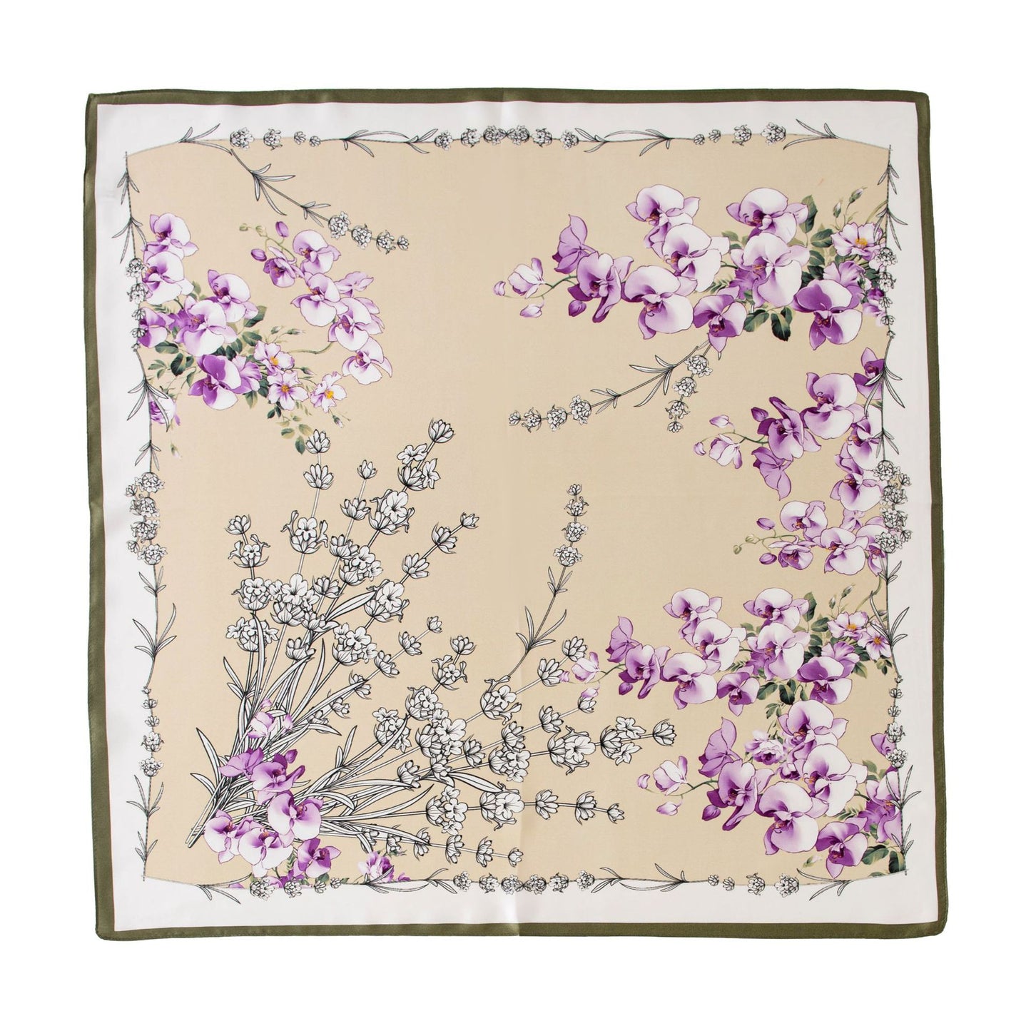 Mulberry Silk Square Scarf with Peony Print – 26 x 26 in, Hand-Rolled Hem
