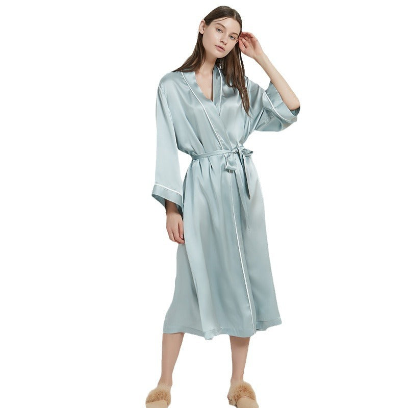19 Momme Heavyweight 100% Mulberry Silk Long Robe – Long-Sleeve Open-Front Nightgown for Women