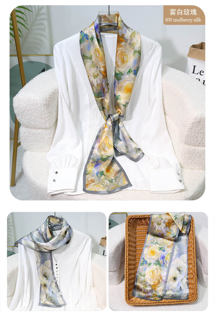 Printed Mulberry Silk Slim Scarf – 16 x 150 cm Long Neck Scarf with Trailing Ribbon for Spring
