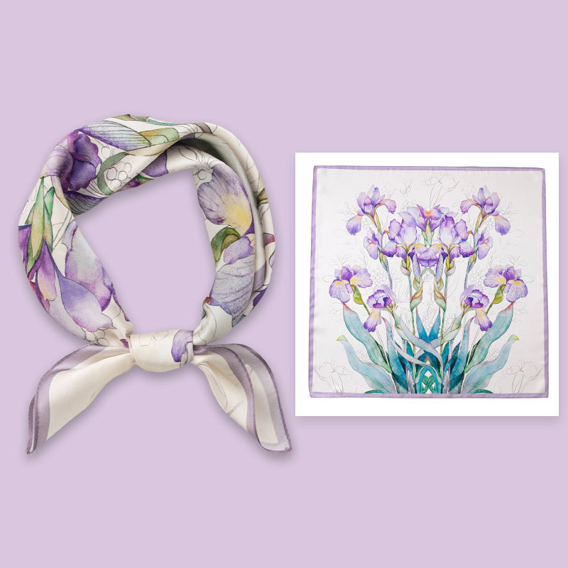 Mulberry Silk Square Scarf 53 cm Floral Print Bandana – Lightweight Neckerchief for Spring