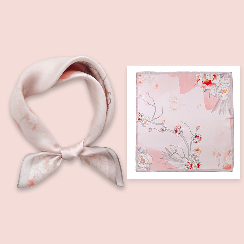 Mulberry Silk Square Scarf 53 cm Floral Print Bandana – Lightweight Neckerchief for Spring