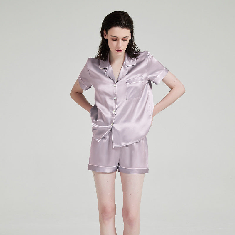 19 Momme 100% Mulberry Silk Short Sleeve Pajama Set – Notched Collar Loungewear with Shorts