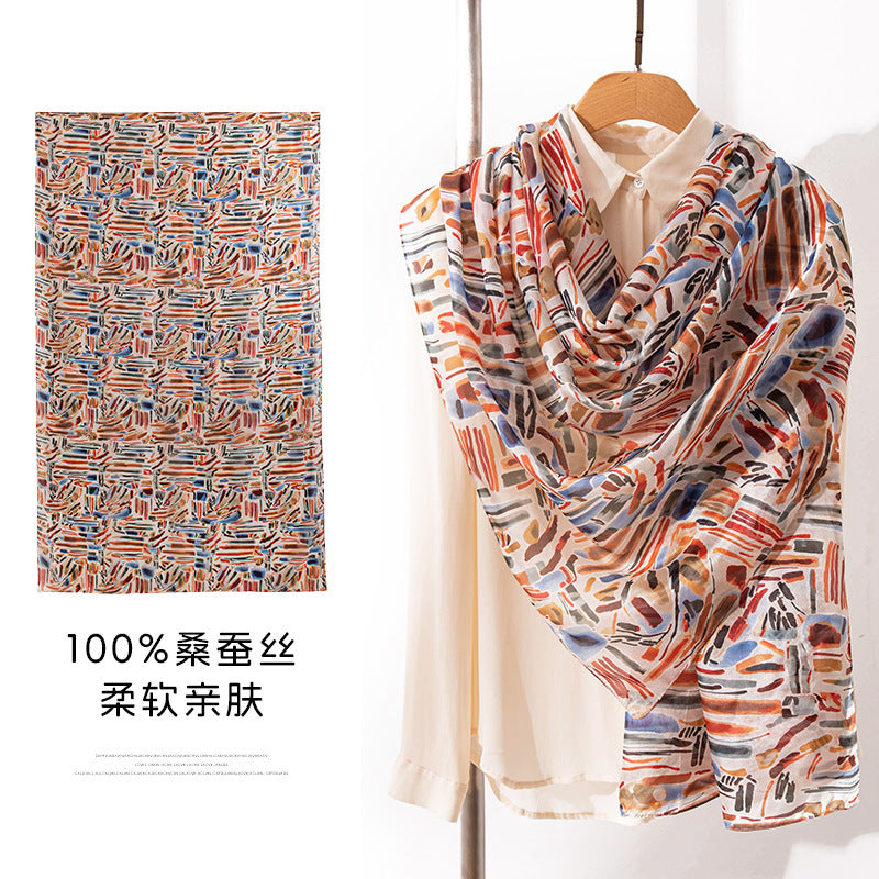 Mulberry Silk Long Scarf with Bohemian Floral Print – Lightweight Spring Shawl for Women