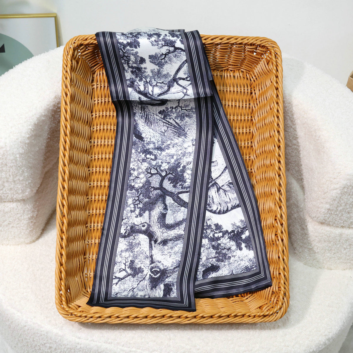 Printed Mulberry Silk Slim Scarf – 16 x 150 cm Long Neck Scarf with Trailing Ribbon for Spring