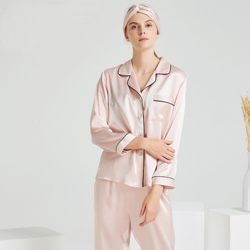 Sweet lotus pink silk loungewear set styled with hair wrap and relaxed fit