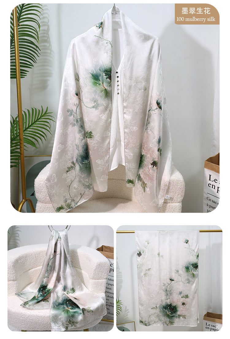 100% Mulberry Silk Floral Jacquard Long Scarf with Chinese-Inspired Botanical Prints, 53 x 170 cm (21 x 67 in) Lightweight Spring Shawl