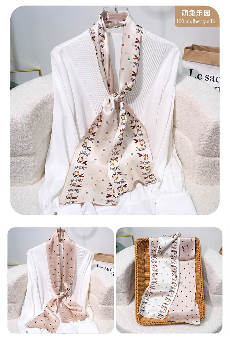 Printed Mulberry Silk Slim Scarf – 16 x 150 cm Long Neck Scarf with Trailing Ribbon for Spring