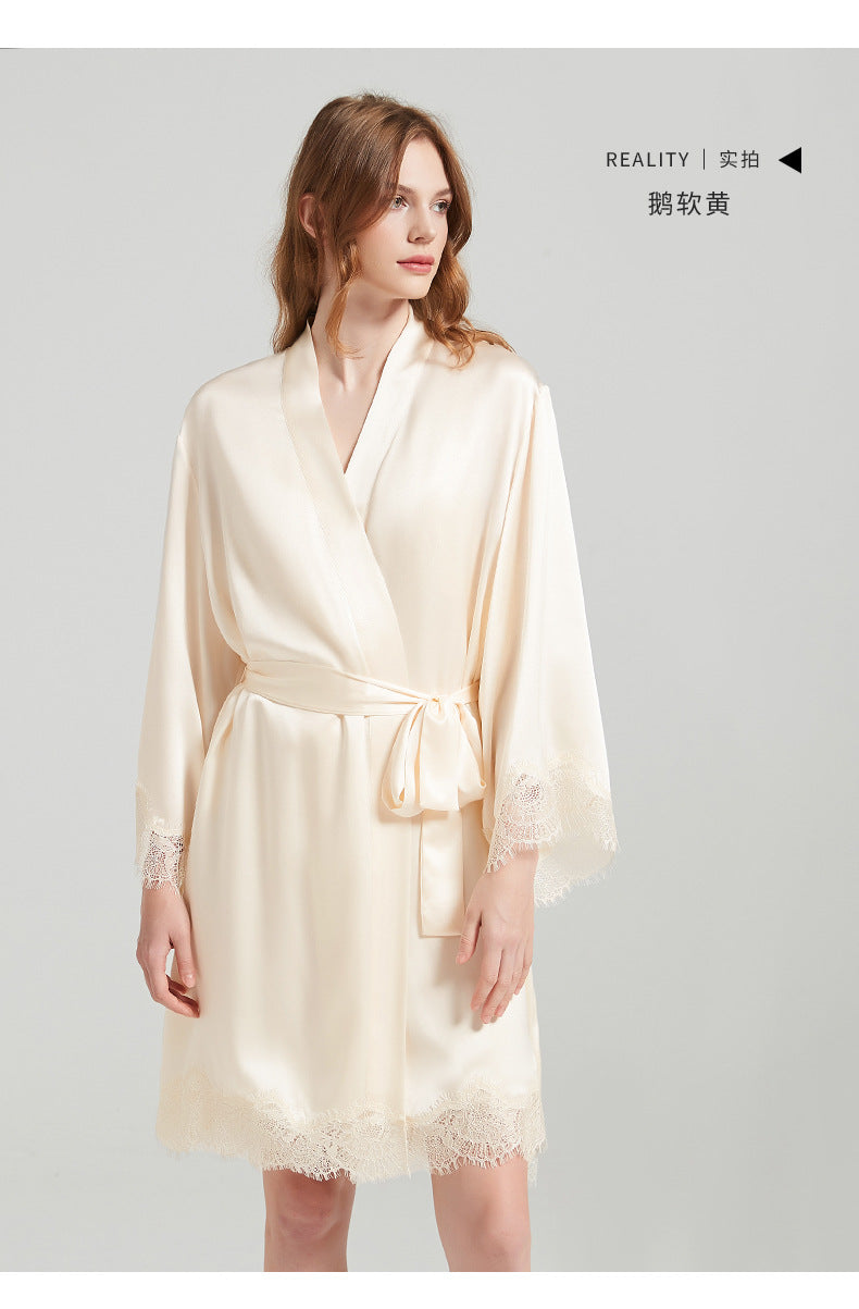 Women's 19 Momme 100% Mulberry Silk Lace-Trim Camisole & Robe Sleepwear Set