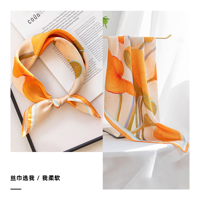 Mulberry Silk Square Scarf 53 cm Floral Print Bandana – Lightweight Neckerchief for Spring