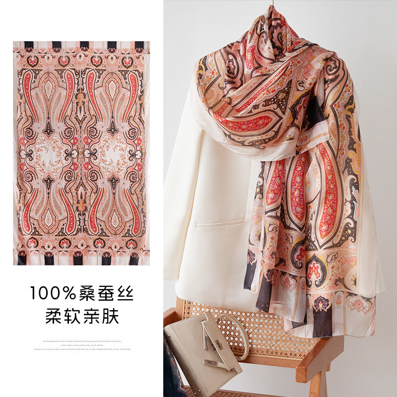 Mulberry Silk Long Scarf with Bohemian Floral Print – Lightweight Spring Shawl for Women