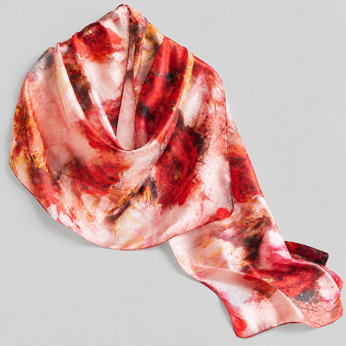 Red Peony Mulberry Silk Long Scarf – 22 x 67 in