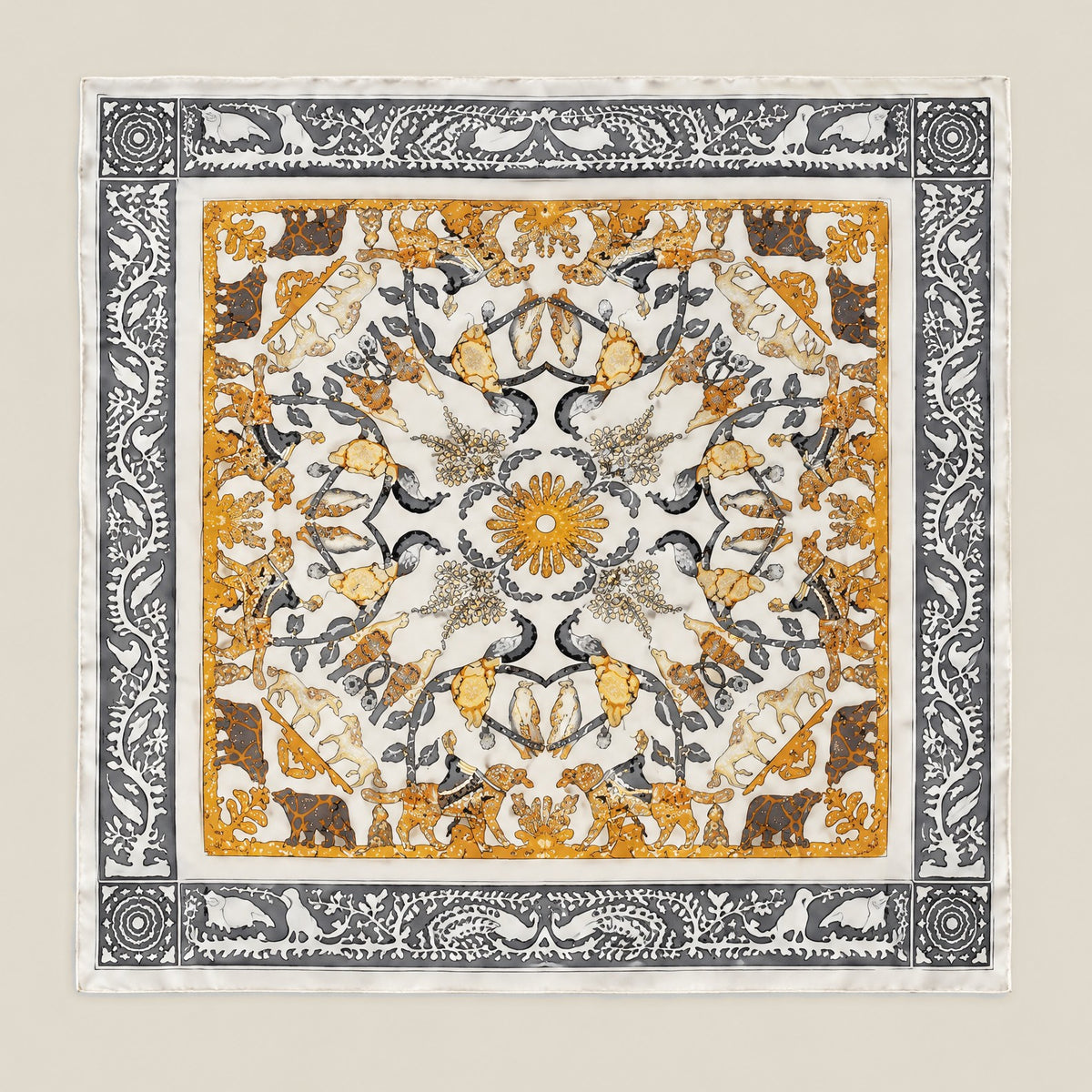 Beige animal motif mulberry silk square scarf