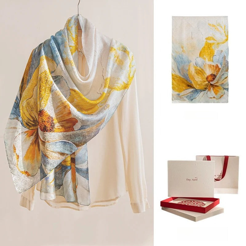 Square & Long 100% Mulberry Silk Scarf – Floral Print Lightweight Shawl, 34 x 34 in