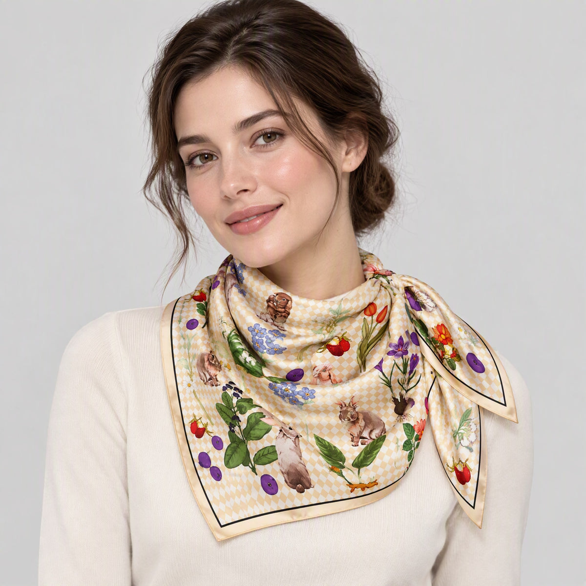 Light Khaki Cartoon Mulberry Silk Square Scarf – 21 x 21 in
