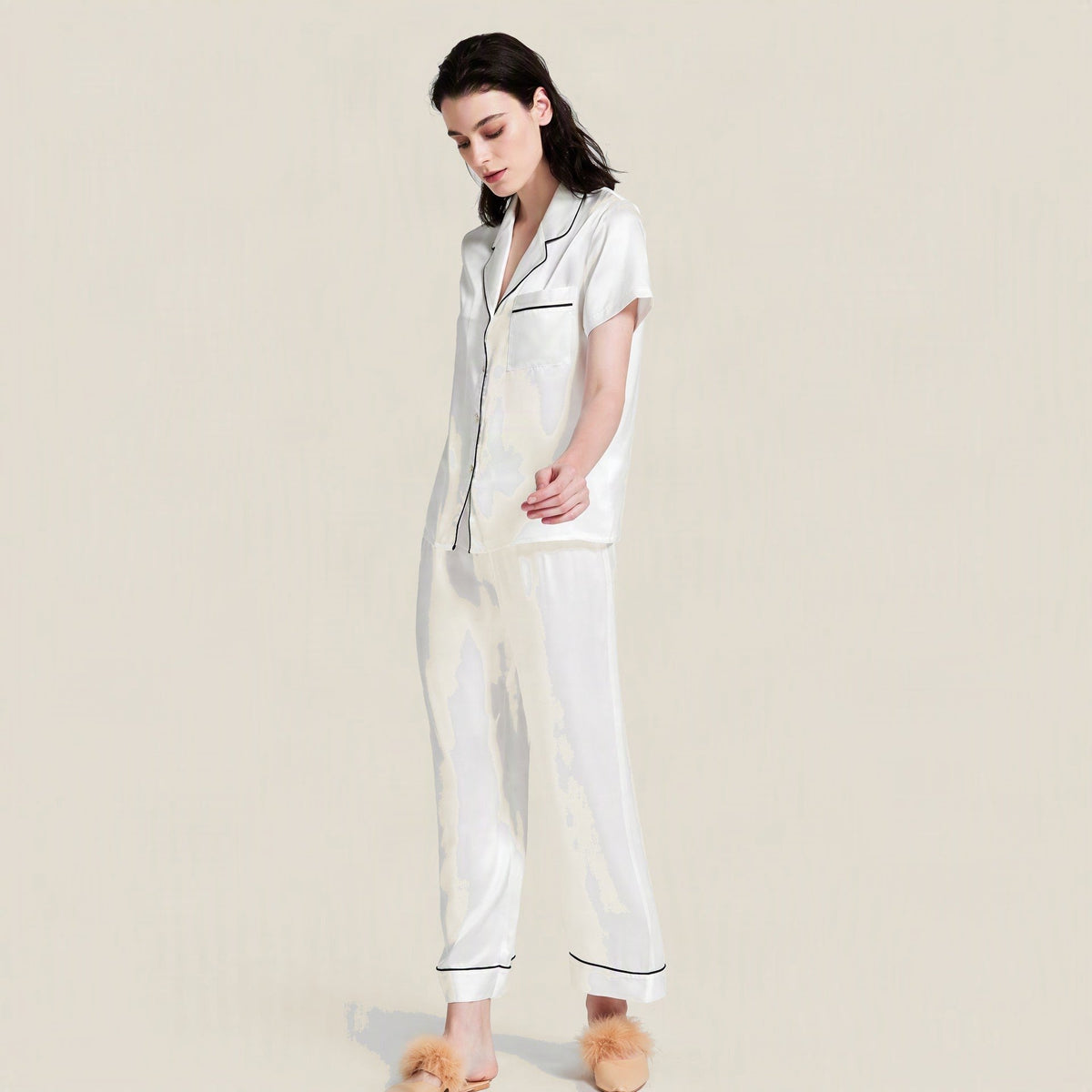 White 19 Momme Short Sleeve 100% Mulberry Silk Pajama Set – Two-Piece with Long Pants