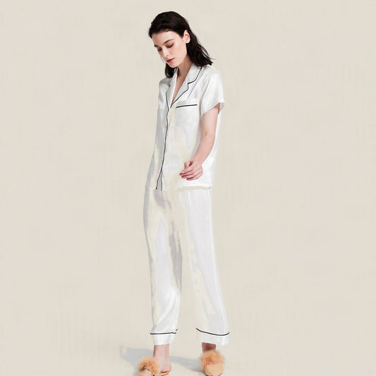 Ensemble de pyjama en 100 % soie de mûrier à manches courtes 19 momme – Deux pièces avec pantalon long