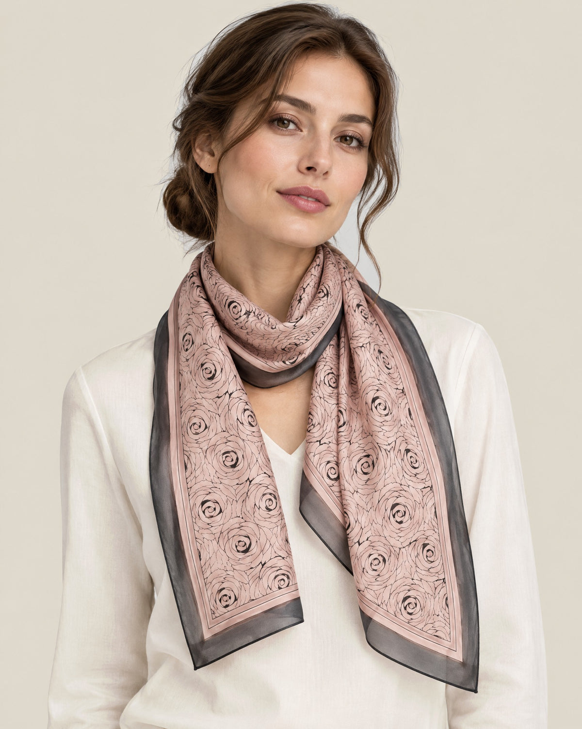 Woman wearing Blush Pink Rose mulberry silk long scarf