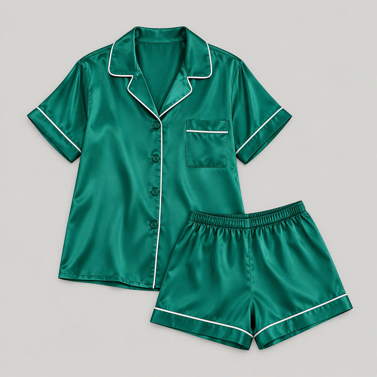 Mulberry silk pajama set laid flat, full garment view