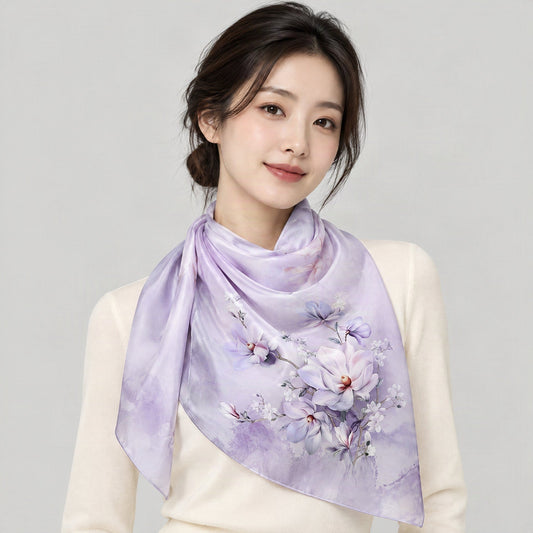 Purple Orchid Mulberry Silk Long Scarf – 22 x 68 in, worn tied at the neck over a cream top