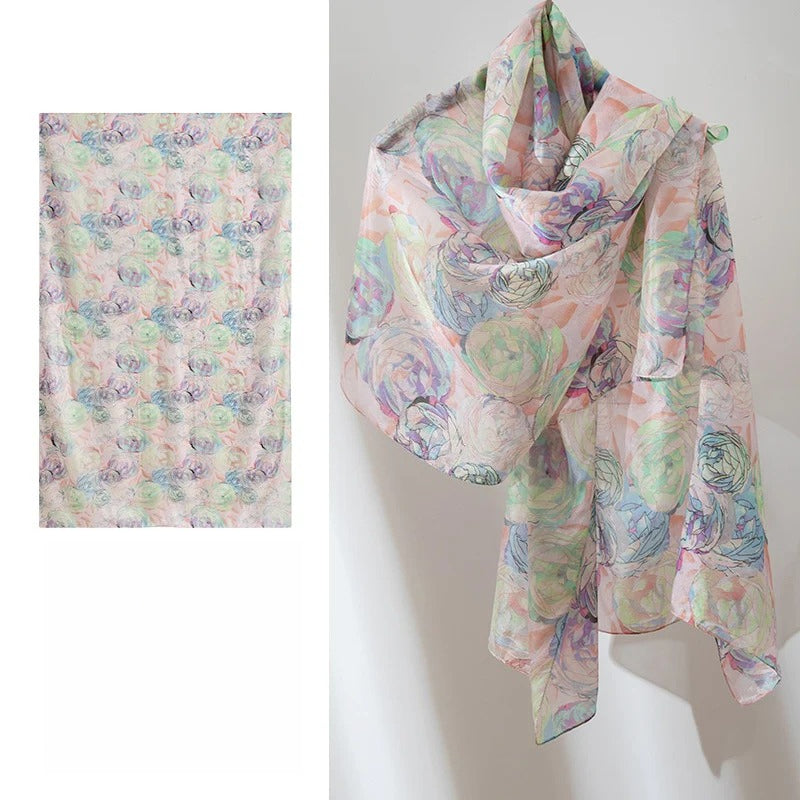 Long 100% Mulberry Silk Scarf – Bohemian Floral Lightweight Shawl, 43 x 69 in