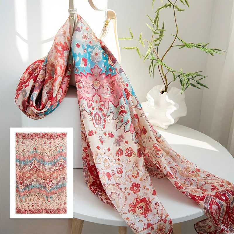 Long 100% Mulberry Silk Scarf – Bohemian Floral Lightweight Shawl, 43 x 69 in