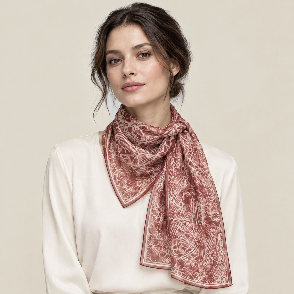 Woman wearing Hand-Painted Galaxy mulberry silk long scarf