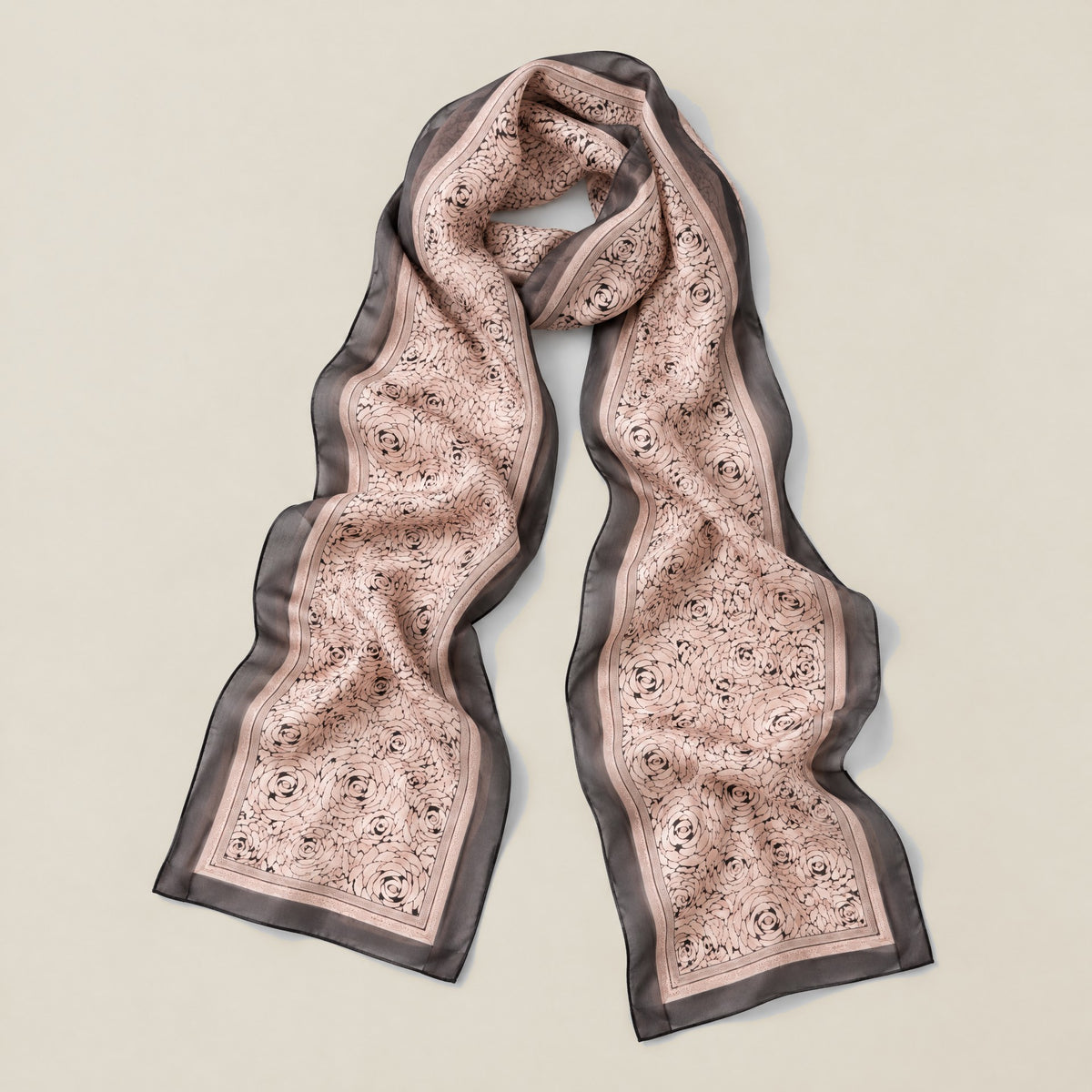 Nude Pink Rose mulberry silk long scarf detail showing silk texture and print