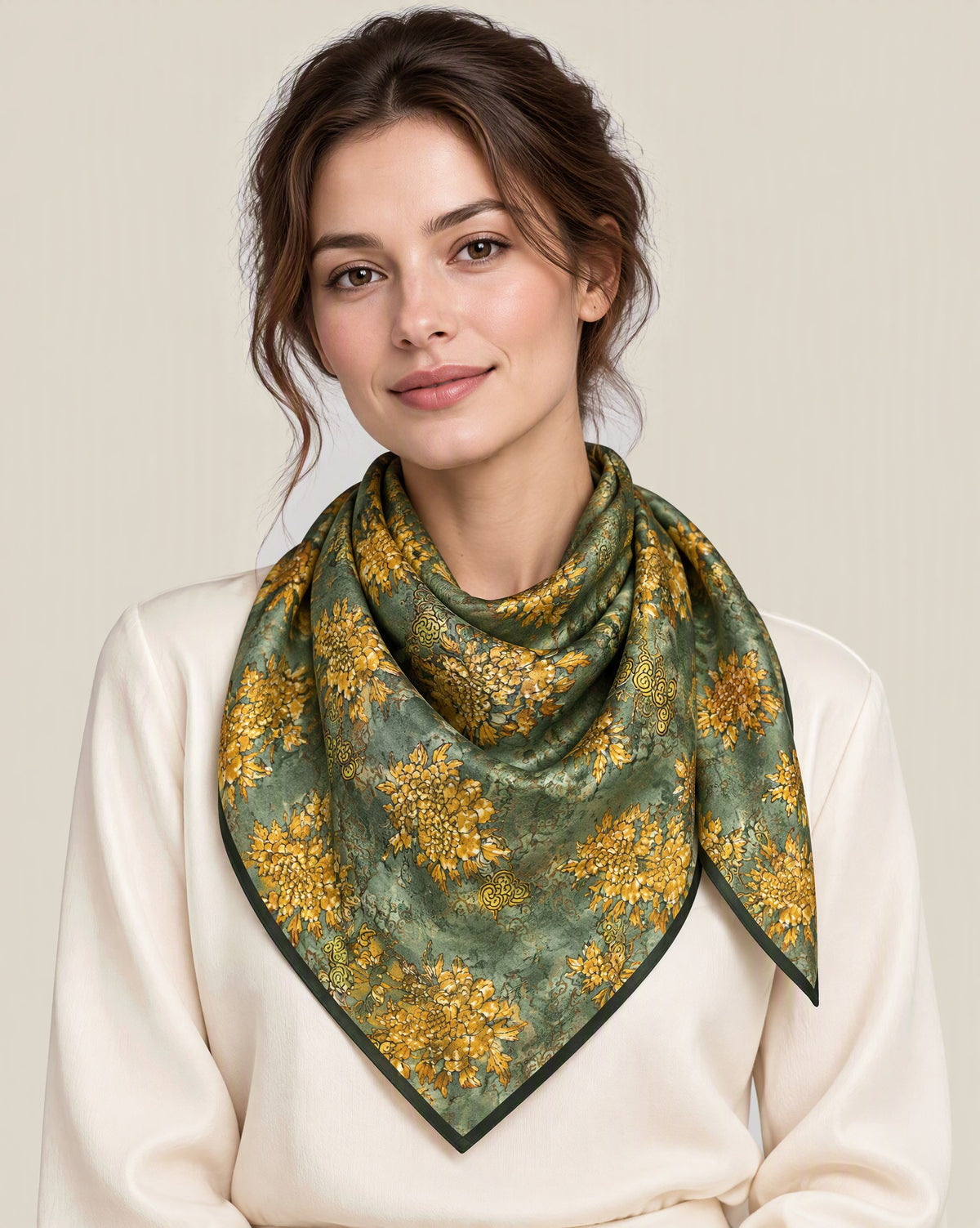 Woman wearing Green auspicious cloud mulberry silk square scarf