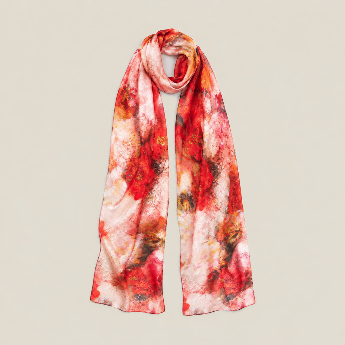 Red peony mulberry silk scarf, 22 x 67 in