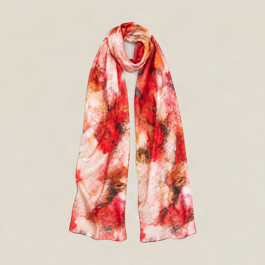 Red peony mulberry silk scarf, 22 x 67 in