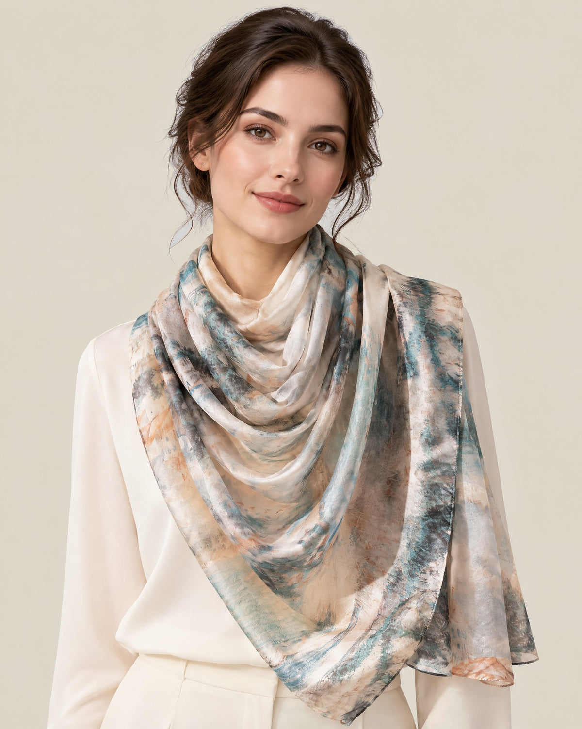 Woman wearing Vintage small town mulberry silk scarf, 69 x 43 in