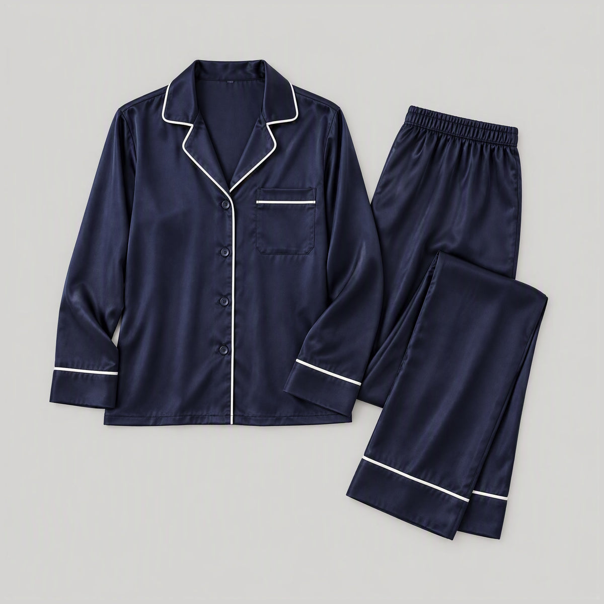 19 Momme Long Sleeve 100% Mulberry Silk Pajama Set – Button-Up with Contrast Piping