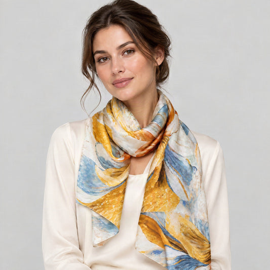 Sunlit Bloom Mulberry Silk Long Scarf – 22 x 67 in, worn tied at the neck over a cream top