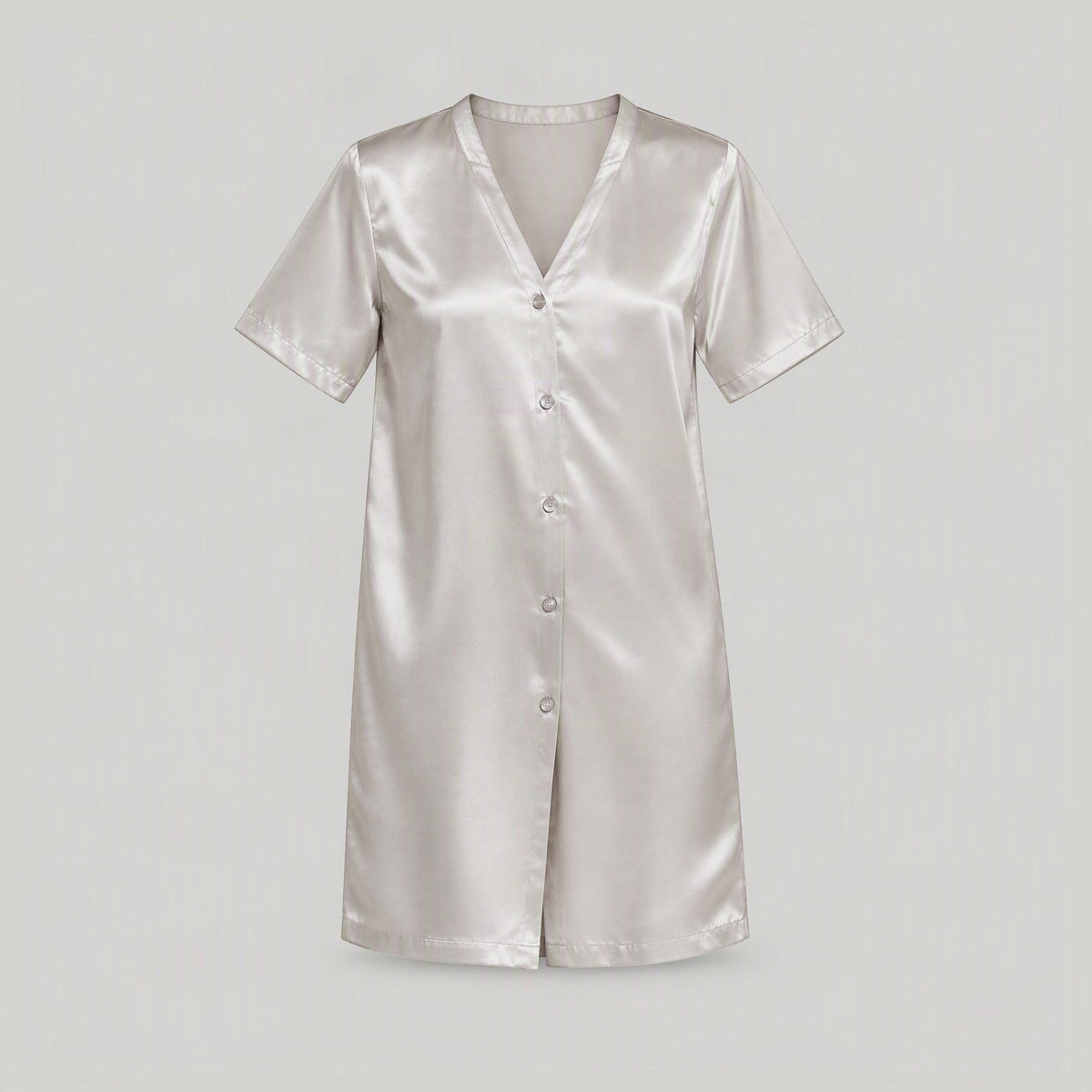Grey 19 Momme 100% Mulberry Silk Nightgown – Collarless Button-Front Sleep Dress
