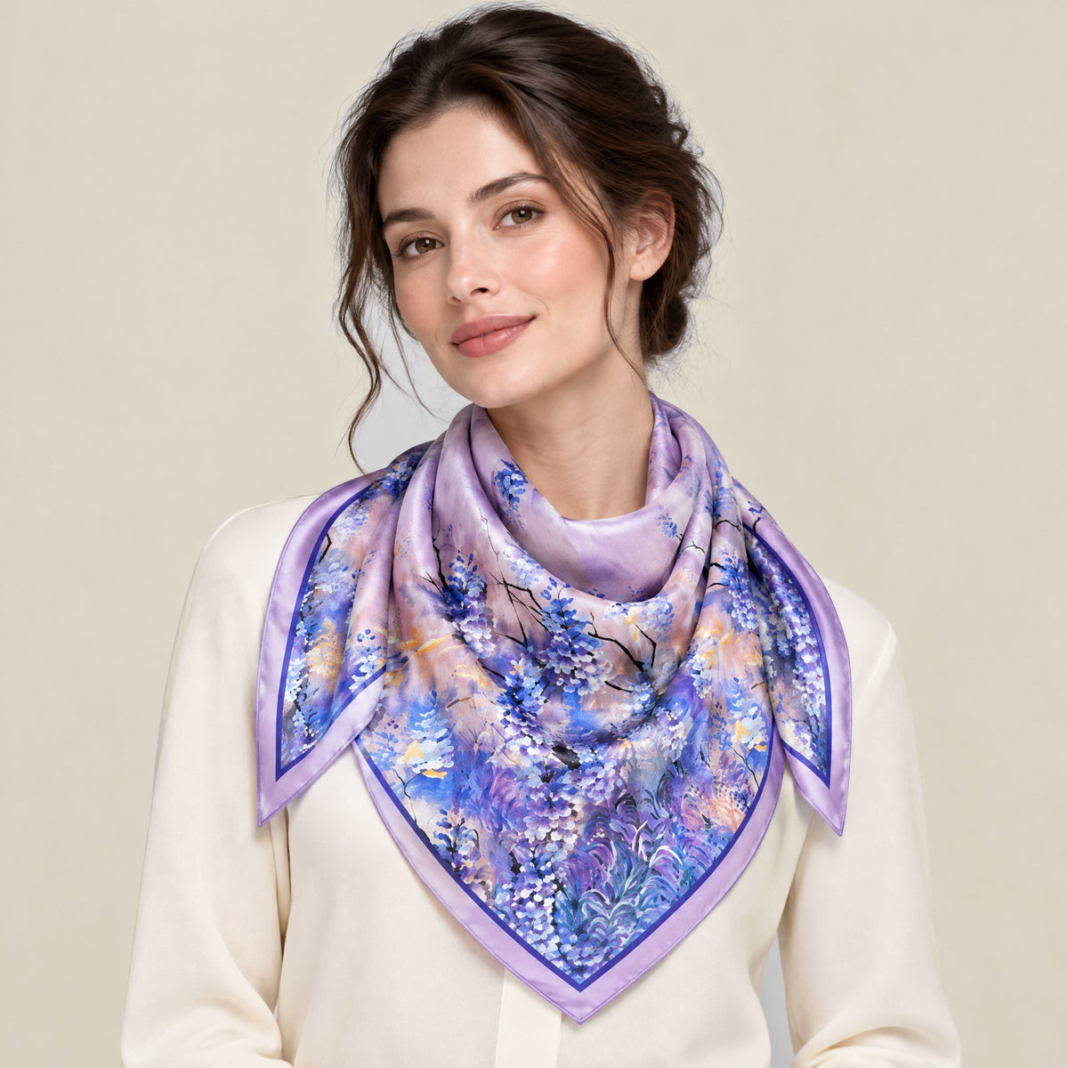 Woman wearing Wisteria Cluster mulberry silk square scarf