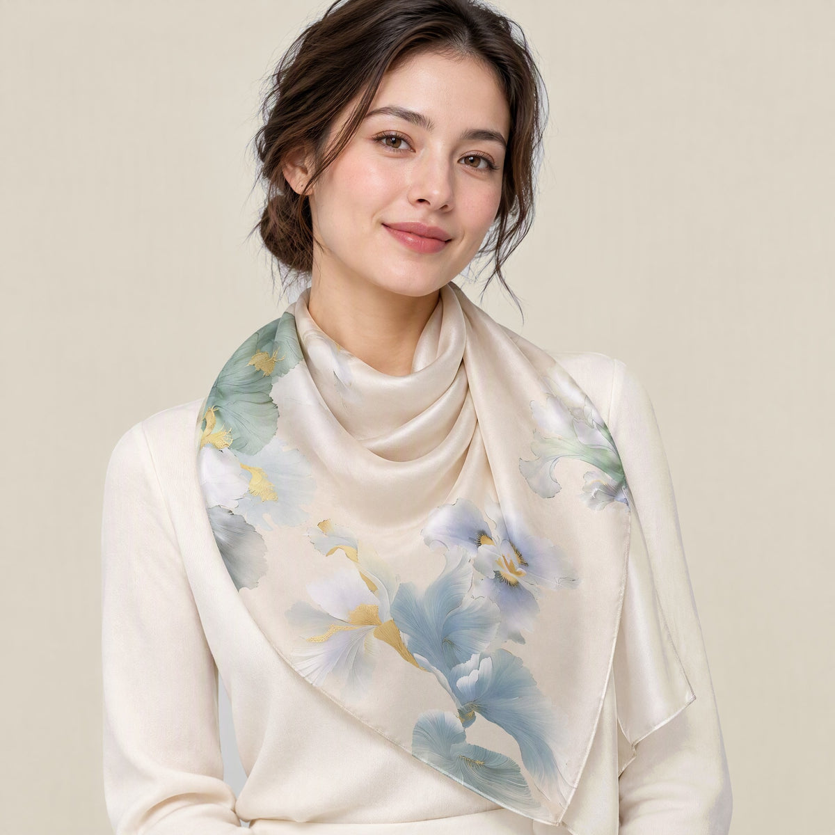 Woman wearing Beige iris mulberry silk scarf