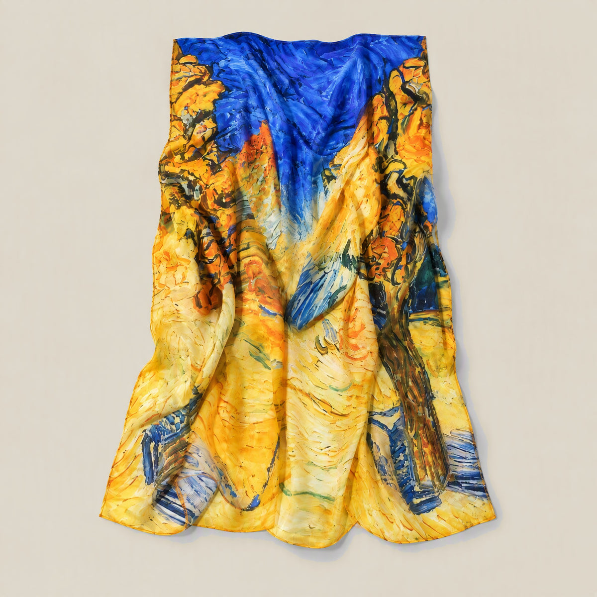 Oil painting jacquard mulberry silk scarf detail showing silk texture and print