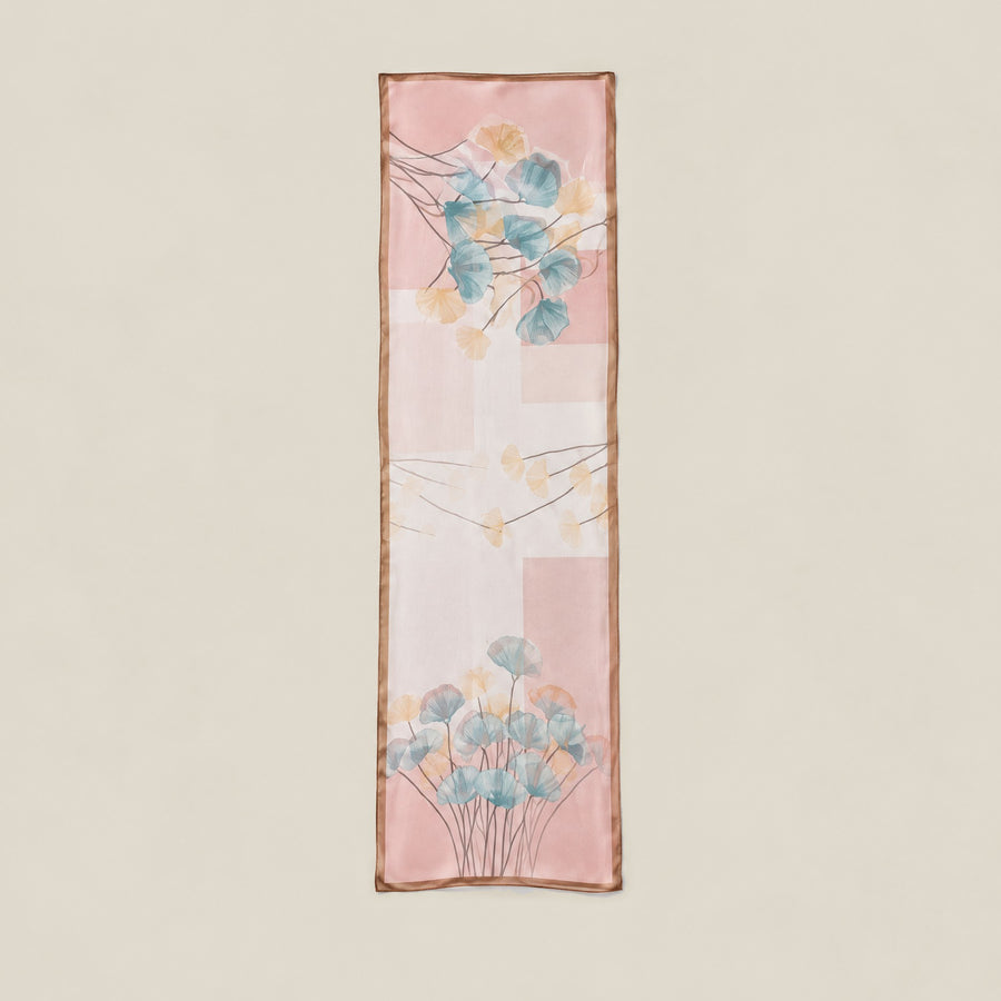 Pink ginkgo leaf mulberry silk long scarf
