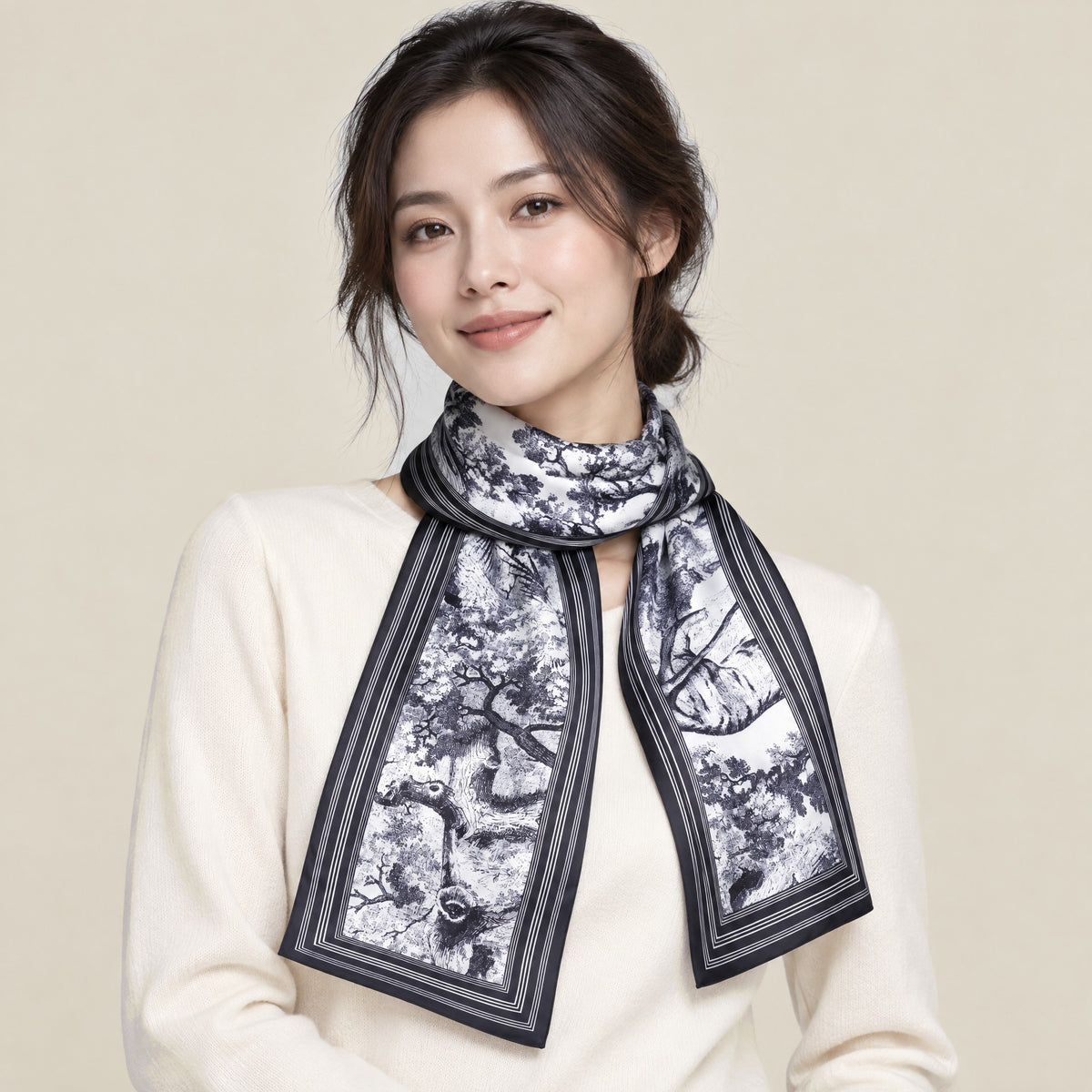 Woman wearing Ink Pine slim mulberry silk scarf