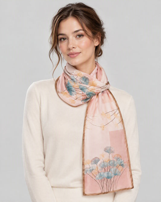 Ginkgo Leaf Mulberry Silk Long Scarf – 16.5 x 63 in