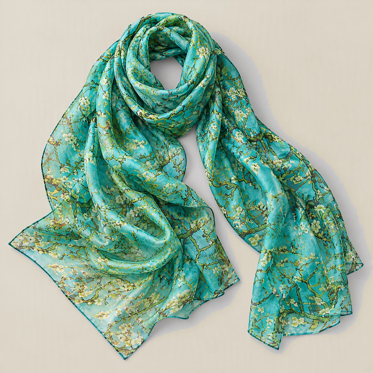 Blue Green Plum Branch mulberry silk scarf detail showing silk texture and print