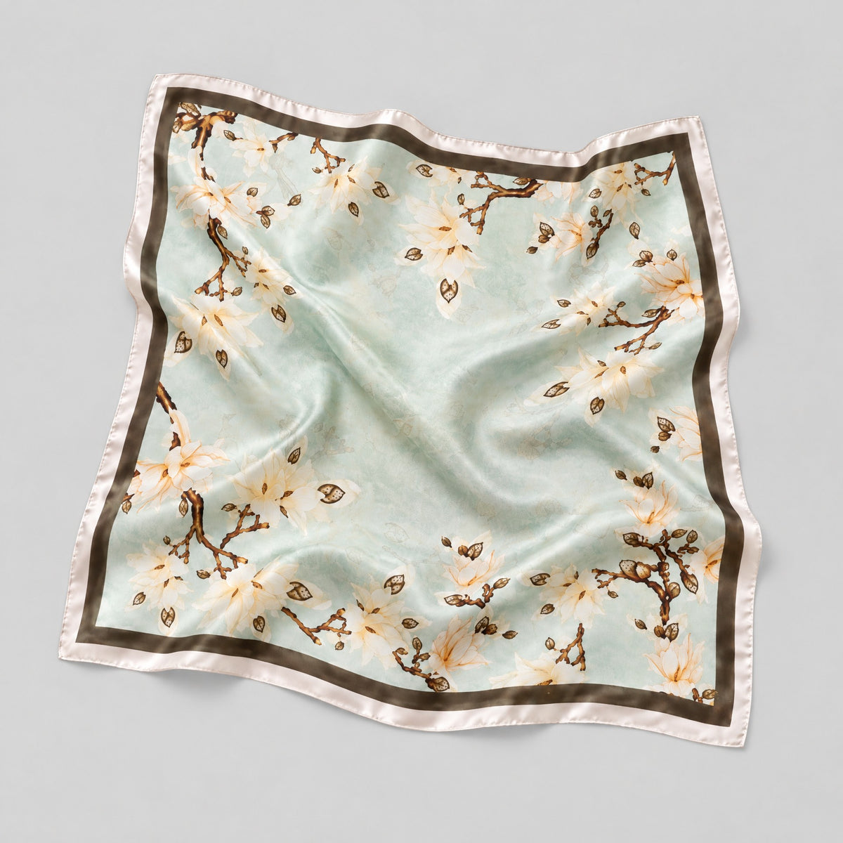 Light Green Magnolia Branch Mulberry Silk Square Scarf – 21 x 21 in