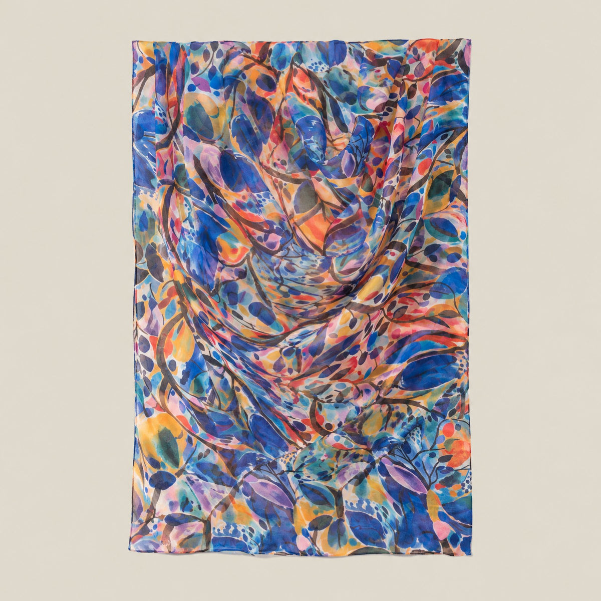 Blue orange floral mulberry silk scarf, 69 x 43 in