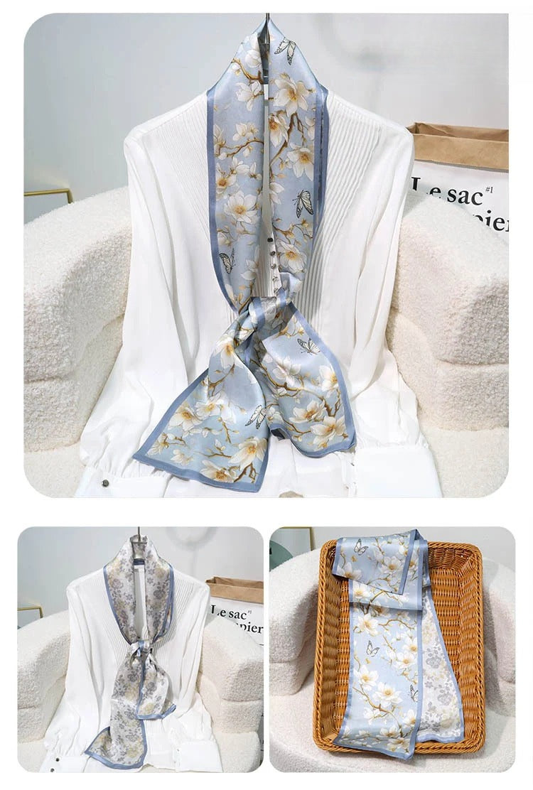 Slim 100% Mulberry Silk Scarf – Printed Lightweight Shawl, 6 x 59 in